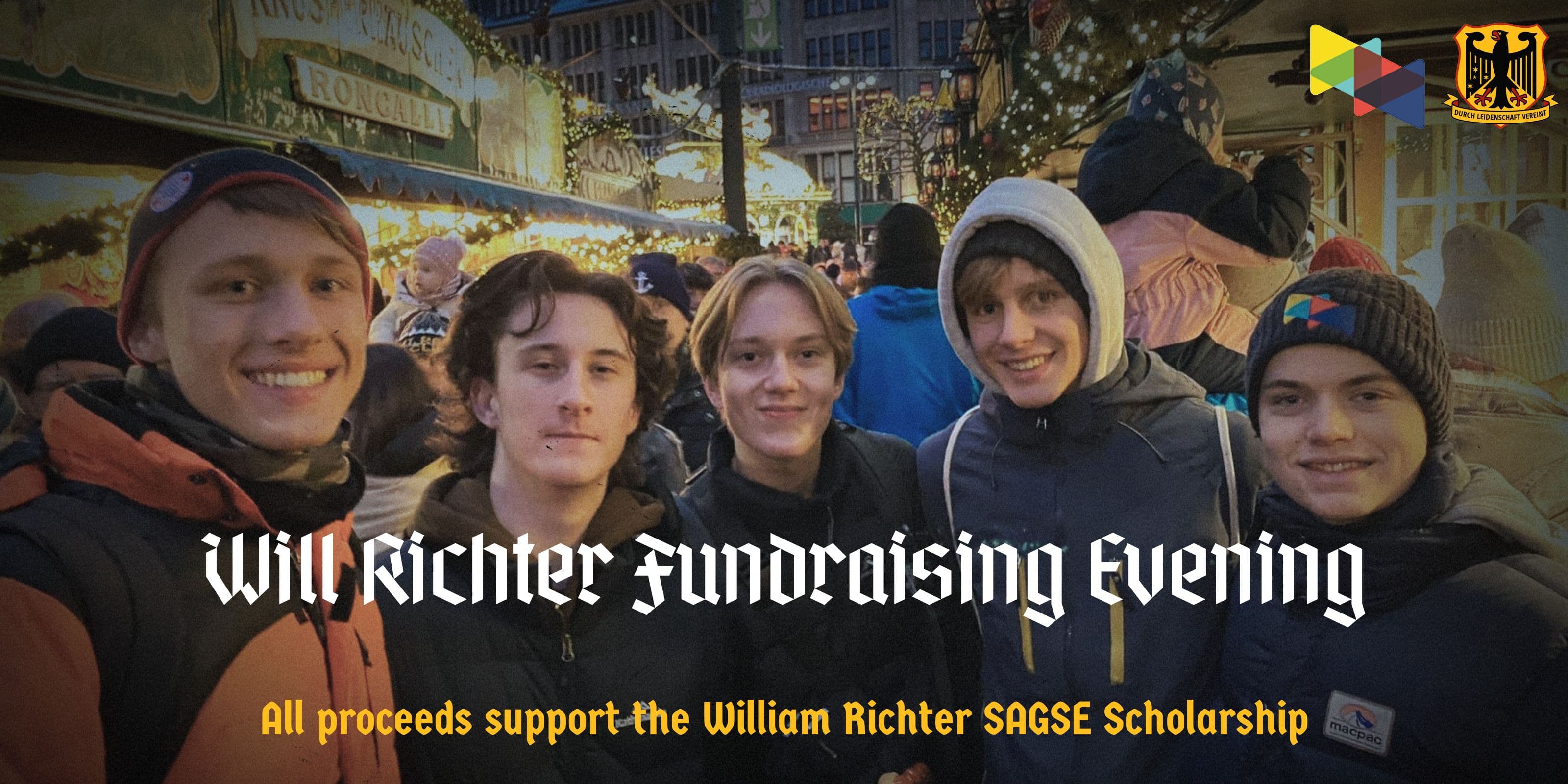 Will Richter Fundraising Evening banner featuring Will and fellow students at a festive market.